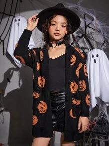 SHEIN Girls Halloween Pumpkin Pattern Drop Shoulder Duster Cardigan - Multicolor - View 1