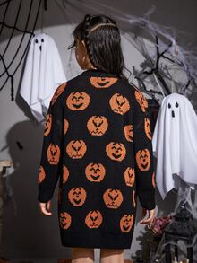 SHEIN Girls Halloween Pumpkin Pattern Drop Shoulder Duster Cardigan - Multicolor - View 2