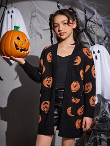 SHEIN Girls Halloween Pumpkin Pattern Drop Shoulder Duster Cardigan - Multicolor - View 3