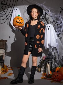 SHEIN Girls Halloween Pumpkin Pattern Drop Shoulder Duster Cardigan - Multicolor - View 4