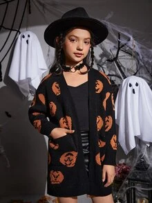 SHEIN Girls Halloween Pumpkin Pattern Drop Shoulder Duster Cardigan - Multicolor - View 5