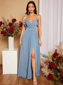 SHEIN Belle Tie Back Ruffle Trim Split Thigh Bridesmaid Dress Elegant Dress - Dusty Blue - View 4