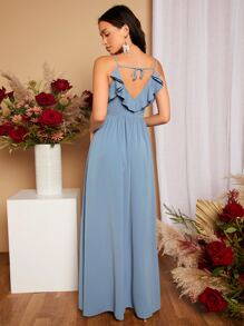 SHEIN Belle Tie Back Ruffle Trim Split Thigh Bridesmaid Dress Elegant Dress - Dusty Blue - View 2