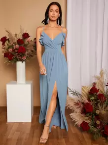 SHEIN Belle Tie Back Ruffle Trim Split Thigh Bridesmaid Dress Elegant Dress - Dusty Blue - View 5