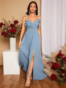 SHEIN Belle Tie Back Ruffle Trim Split Thigh Bridesmaid Dress Elegant Dress - Dusty Blue - View 6