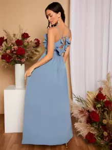 SHEIN Belle Tie Back Ruffle Trim Split Thigh Bridesmaid Dress Elegant Dress - Dusty Blue - View 8