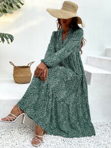 Breezaya Vestido smock con estampado de leopardo de manga farol bajo con fruncido - Verde Oscuro - Ver 1