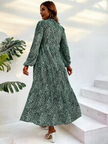 Breezaya Vestido smock con estampado de leopardo de manga farol bajo con fruncido - Verde Oscuro - Ver 2