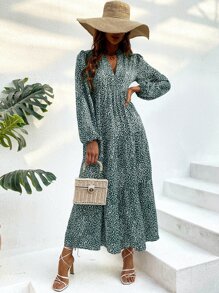 Breezaya Vestido smock con estampado de leopardo de manga farol bajo con fruncido - Verde Oscuro - Ver 5