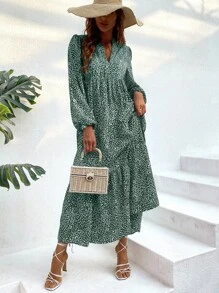 Breezaya Vestido smock con estampado de leopardo de manga farol bajo con fruncido - Verde Oscuro - Ver 6