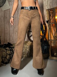 SHEIN X Made in America 喇叭仿麂皮長褲不附腰帶 - 棕色 - 查看 2