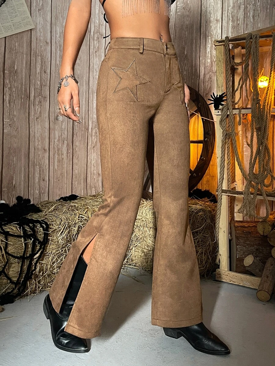 SHEIN X Made in America 喇叭仿麂皮長褲不附腰帶 - 棕色 - 查看 1
