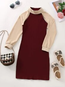 Niñas Top de cuello alto de manga raglán & Vestido halter tejido de canalé - Multicolor - Ver 1