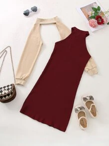 Niñas Top de cuello alto de manga raglán & Vestido halter tejido de canalé - Multicolor - Ver 2