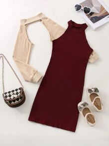 Niñas Top de cuello alto de manga raglán & Vestido halter tejido de canalé - Multicolor - Ver 3