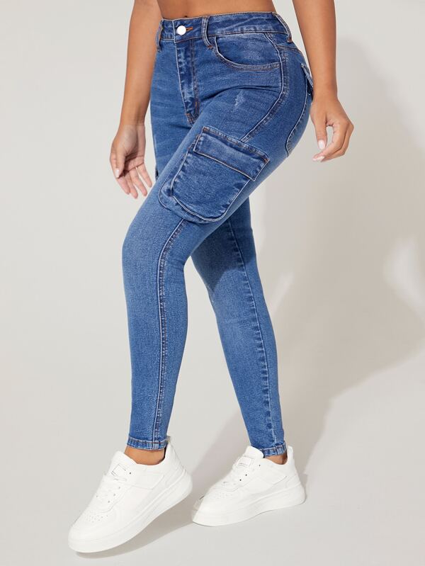 SHEIN PETITE Jeans cargo rasguño de gato con bolsillo con solapa Moda