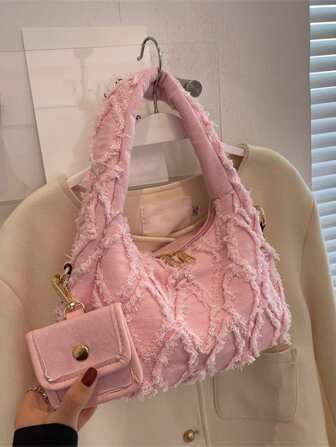 Bolso Desaliñado De Mezclilla Con Detalle De Flecos Con Bolsa Para Monedas, Bolso Para Mujeres Con Bolsillo Para Monedas