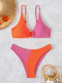 Swim Chiccia Summer Beach Colorblock Ribbed Bikini Set Ring Linked Cami Bra & Bikini Bottom 2 Piece Bathing Suit - Multicolor - View 6