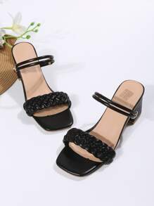 Sandalias de tacón grueso con detalle de tejido para mujer, sandalias de uso múltiple en negro para vacaciones - Negro - Ver 2