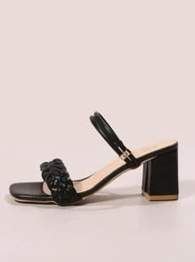 Sandalias de tacón grueso con detalle de tejido para mujer, sandalias de uso múltiple en negro para vacaciones - Negro - Ver 4