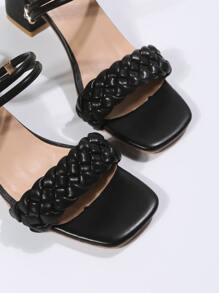 Sandalias de tacón grueso con detalle de tejido para mujer, sandalias de uso múltiple en negro para vacaciones - Negro - Ver 5