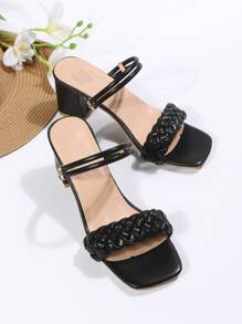 Sandalias de tacón grueso con detalle de tejido para mujer, sandalias de uso múltiple en negro para vacaciones - Negro - Ver 7