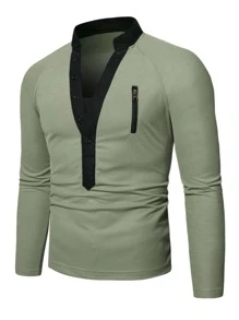 Manfinity Men Half Button Raglan Sleeve Polo Shirt - Army Green - View 1