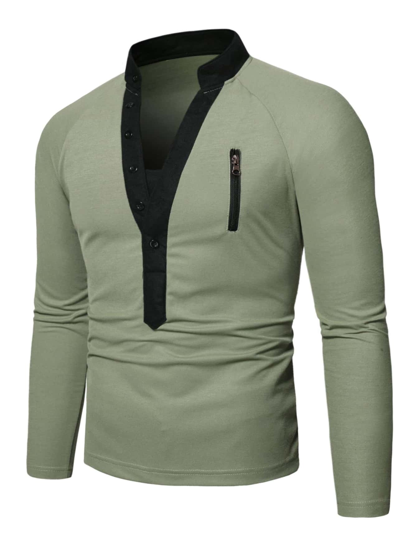 Manfinity Men Half Button Raglan Sleeve Polo Shirt - Army Green - View 1