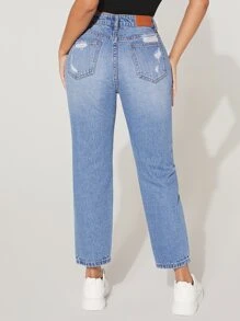 SHEIN PETITE Patch Detail Ripped Mom Fit Jeans - Light Wash - View 3
