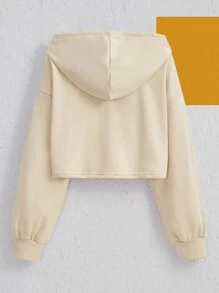 MsChibious Artist Cartoon & Letter Graphic Drop Shoulder Drawstring Crop Hoodie, Fall Women Clothes, For Autumn & Winter, Cotton - Apricot - View 2