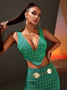 SHEIN SXY Allover Print Zip Back Crop Tank Top - Green - View 2