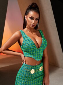 SHEIN SXY Allover Print Zip Back Crop Tank Top - Green - View 4