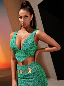 SHEIN SXY Allover Print Zip Back Crop Tank Top - Green - View 6