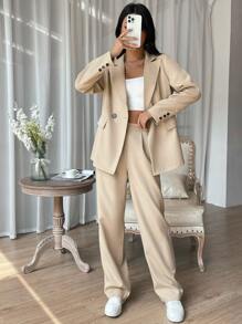 EURMUSE Solid Color Lapel Double Breasted Suit Jacket And Pants Set - Apricot - View 1