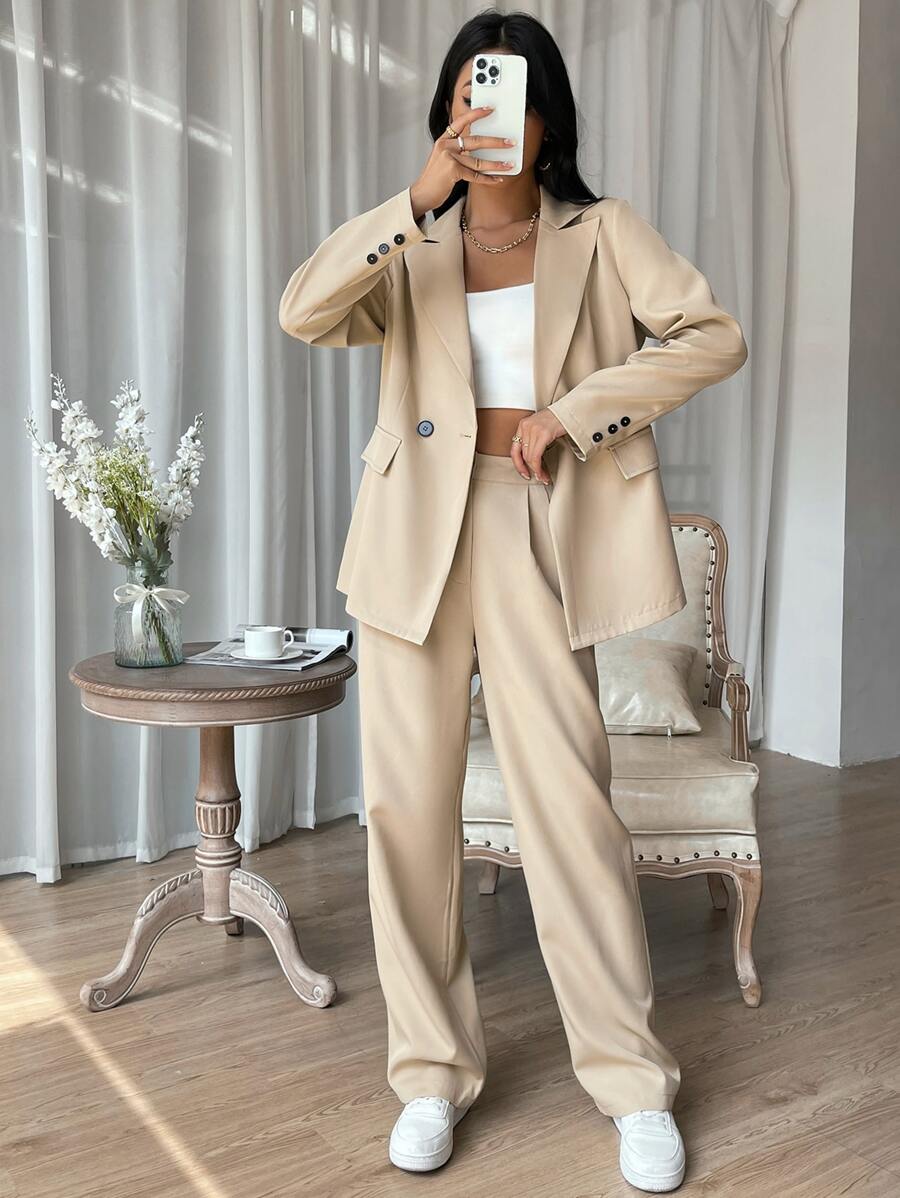 EURMUSE Solid Color Lapel Double Breasted Suit Jacket And Pants Set - Apricot - View 1