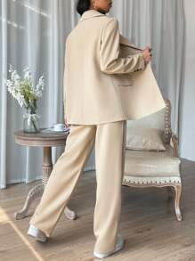 EURMUSE Solid Color Lapel Double Breasted Suit Jacket And Pants Set - Apricot - View 2