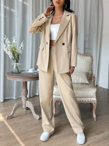 EURMUSE Solid Color Lapel Double Breasted Suit Jacket And Pants Set - Apricot - View 3