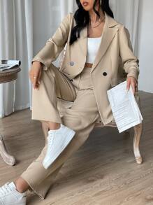 EURMUSE Solid Color Lapel Double Breasted Suit Jacket And Pants Set - Apricot - View 4