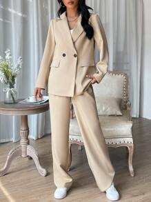 EURMUSE Solid Color Lapel Double Breasted Suit Jacket And Pants Set - Apricot - View 5