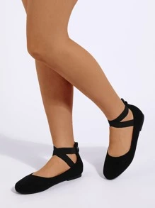 Suedette Cross Strap Ballet Flats - Black - View 1