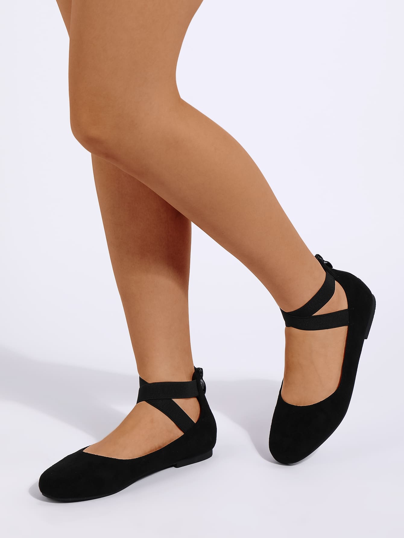 Suedette Cross Strap Ballet Flats - Black - View 1