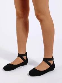 Suedette Cross Strap Ballet Flats - Black - View 2