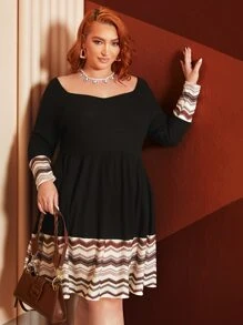 SHEIN CURVE+ Vestido de cheurón escote corazón bajo con fruncido - Negro - Ver 8