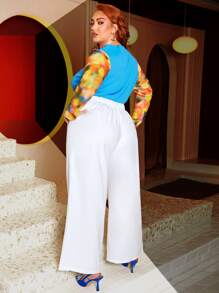 SHEIN CURVE+ Plus Slant Pocket Wide Leg Trousers - White - View 5