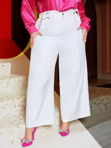 SHEIN CURVE+ Plus Slant Pocket Wide Leg Trousers - White - View 1