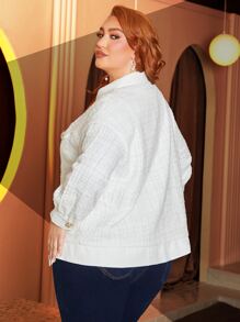 SHEIN CURVE+ 大碼翻蓋口袋落肩袖夾克 - 白色 - 查看 3