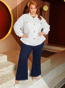 SHEIN CURVE+ 大碼翻蓋口袋落肩袖夾克 - 白色 - 查看 9