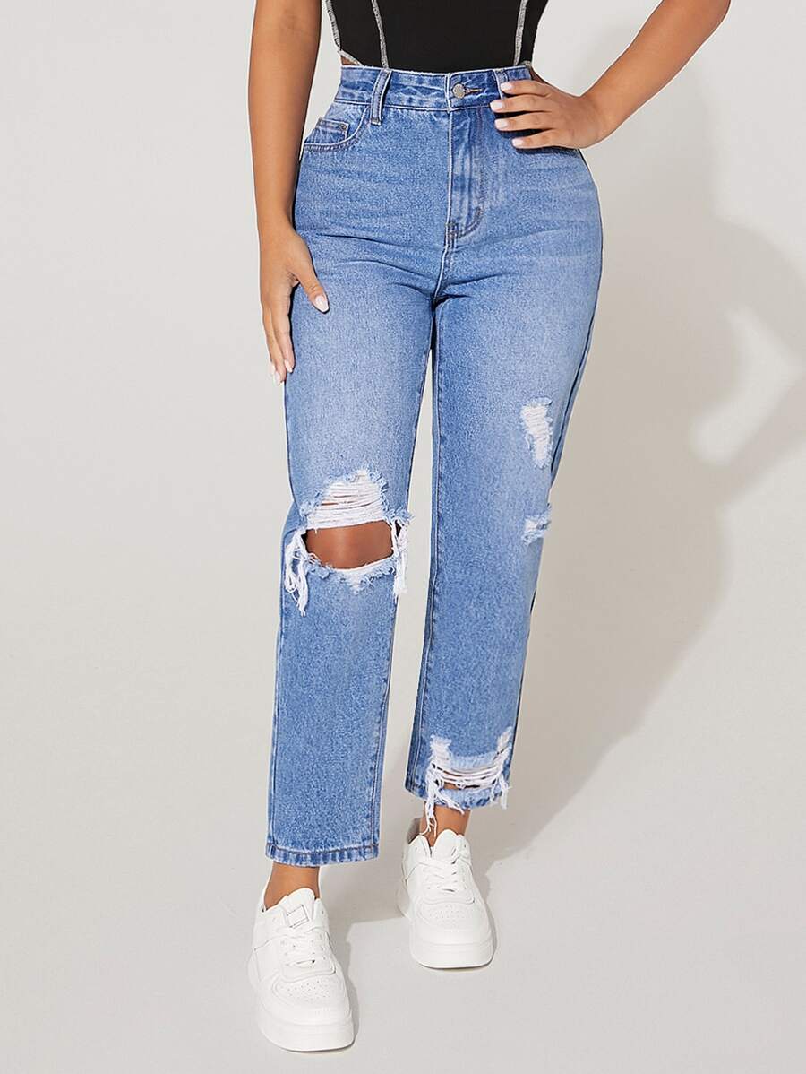 SHEIN PETITE High Waist Ripped Mom Fit Jeans - Medium Wash - View 1