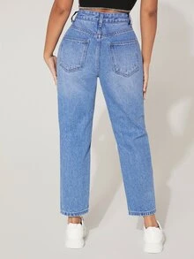 SHEIN PETITE High Waist Ripped Mom Fit Jeans - Medium Wash - View 2