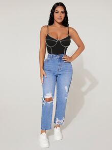 SHEIN PETITE High Waist Ripped Mom Fit Jeans - Medium Wash - View 5